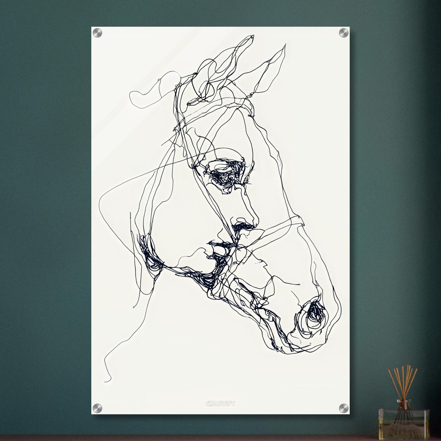 Abstraktes Pferd und abstrakte Frau ineinander gezeichnet mit einer Linie auf einem Acrylbild