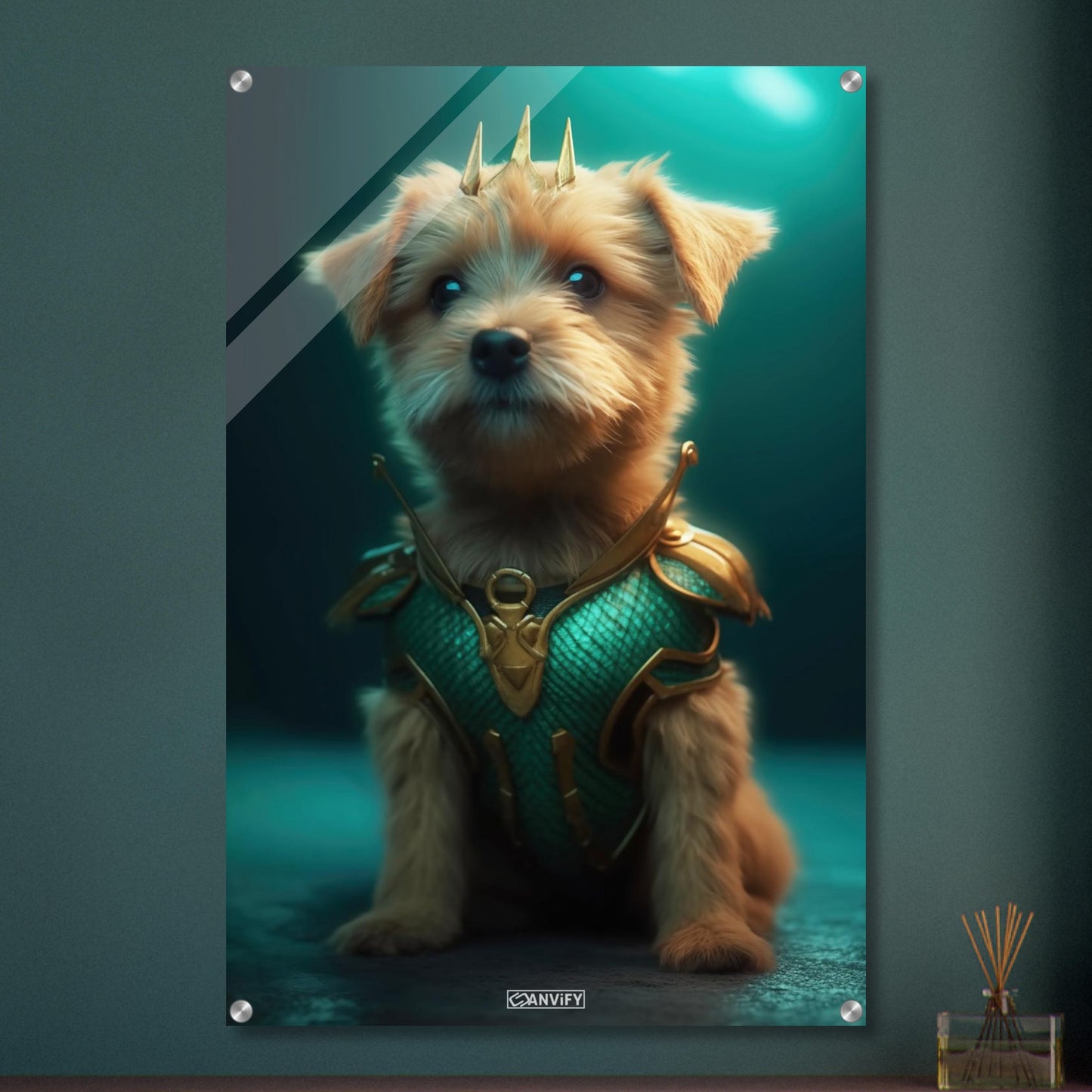 Yorkshire Terrier im Superhelden Kostüm von Aquaman auf einem Acrylbild