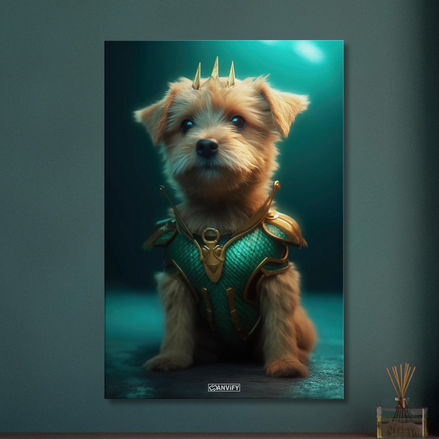 Yorkshire Terrier im Superhelden Kostüm von Aquaman auf einer Leinwand