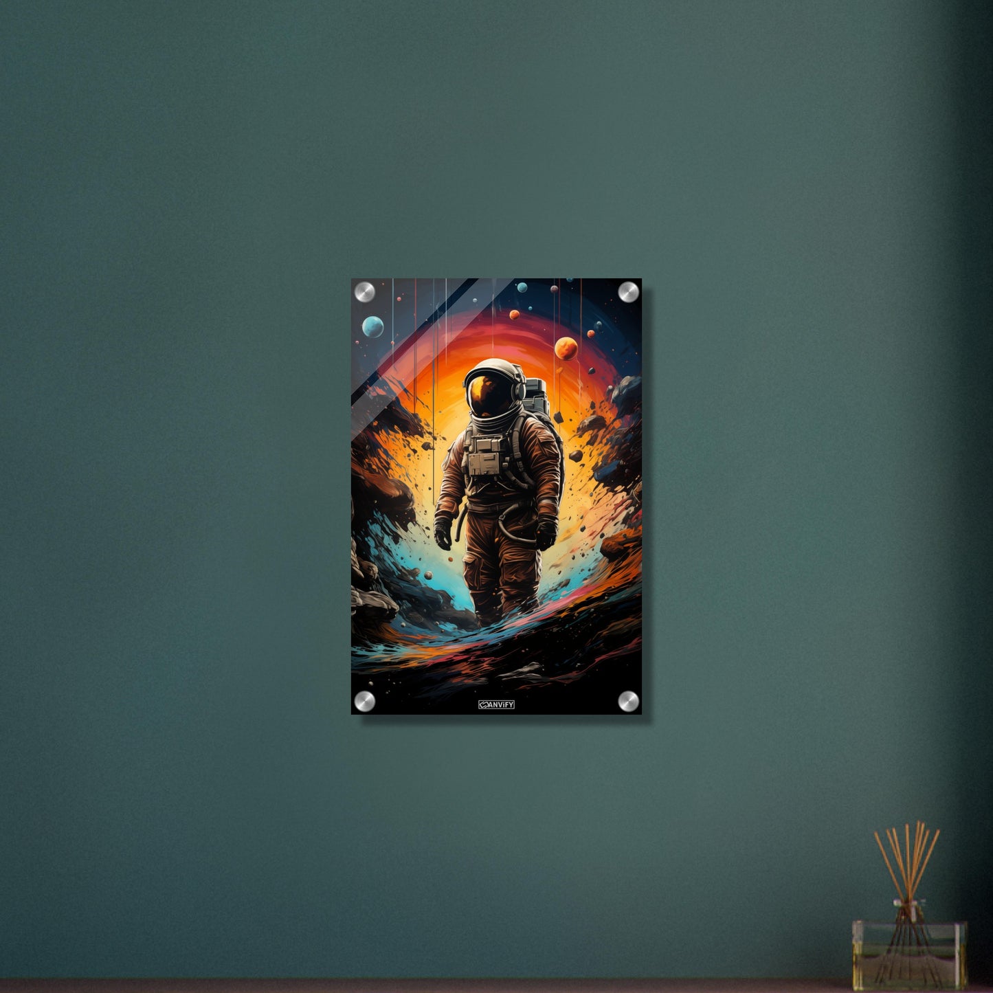 Neil Armstrong im Raumanzug malerisch dargestellt, stehend auf einem neuen Planeten auf einem Acrylbild