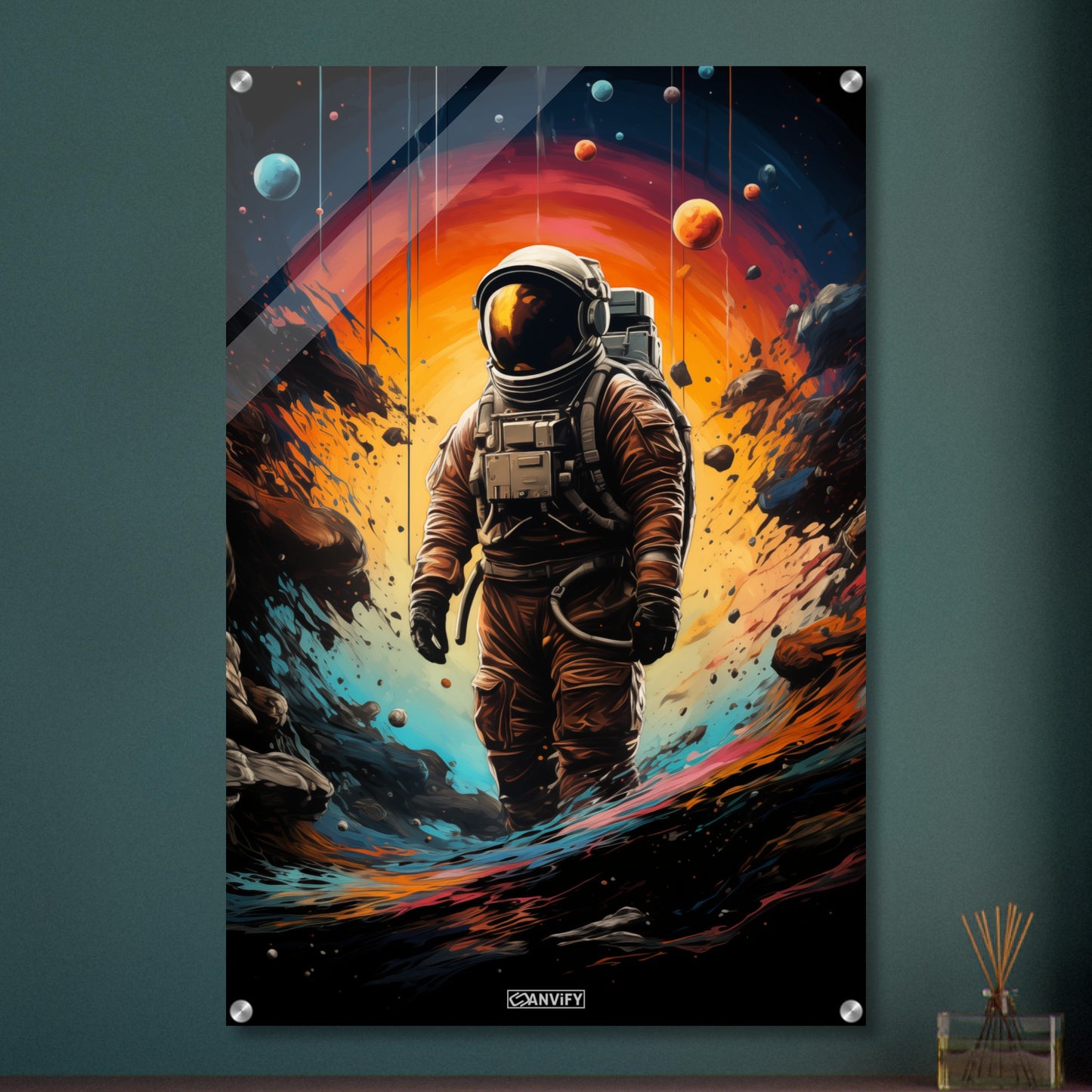Neil Armstrong im Raumanzug malerisch dargestellt, stehend auf einem neuen Planeten auf einem Acrylbild