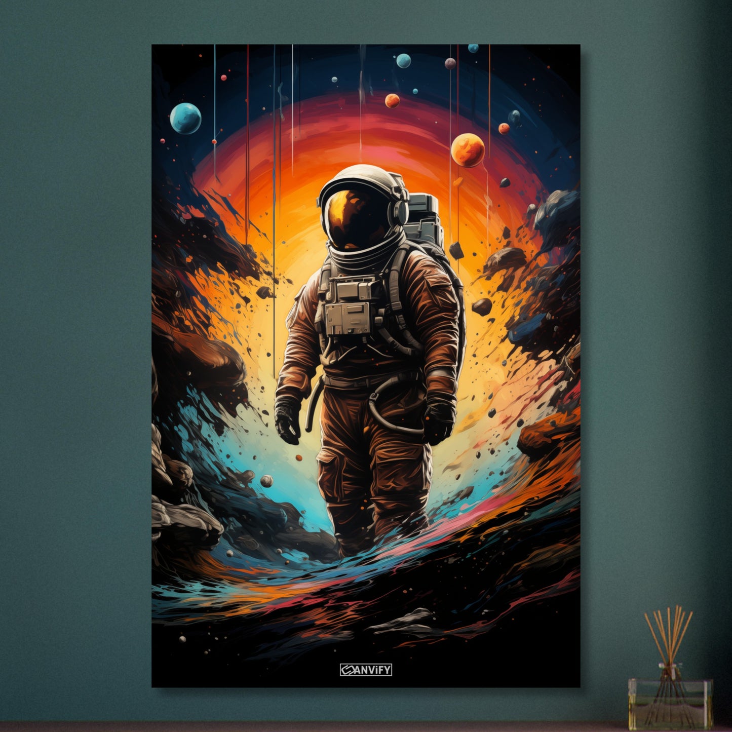 Neil Armstrong im Raumanzug malerisch dargestellt, stehend auf einem neuen Planeten auf Aluminium