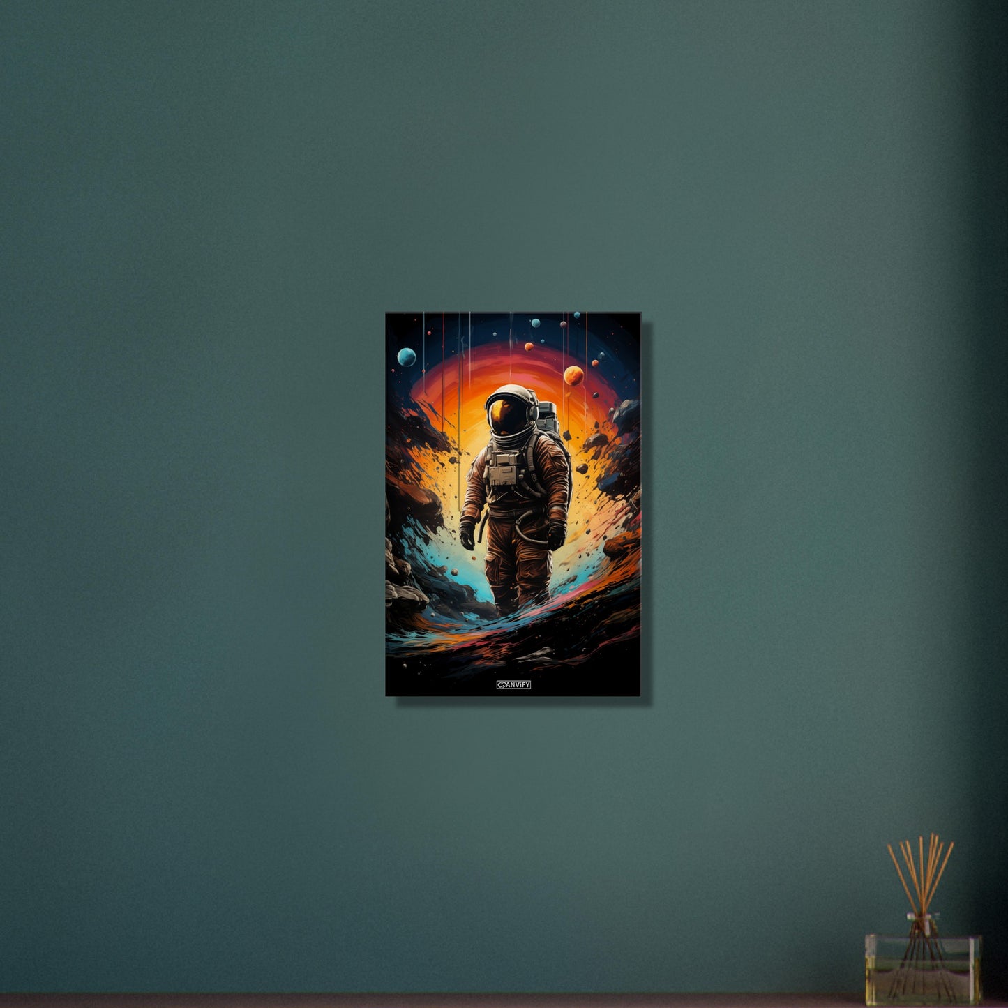 Neil Armstrong im Raumanzug malerisch dargestellt, stehend auf einem neuen Planeten auf einer Leinwand