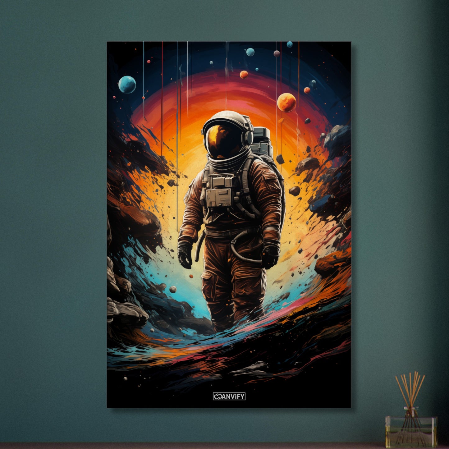 Neil Armstrong im Raumanzug malerisch dargestellt, stehend auf einem neuen Planeten auf einer Leinwand