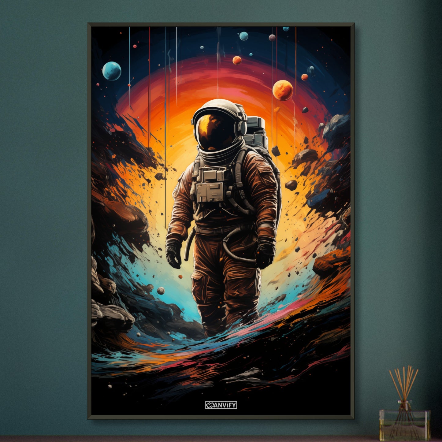 Neil Armstrong im Raumanzug malerisch dargestellt, stehend auf einem neuen Planeten auf einem Poster im Metallrahmen
