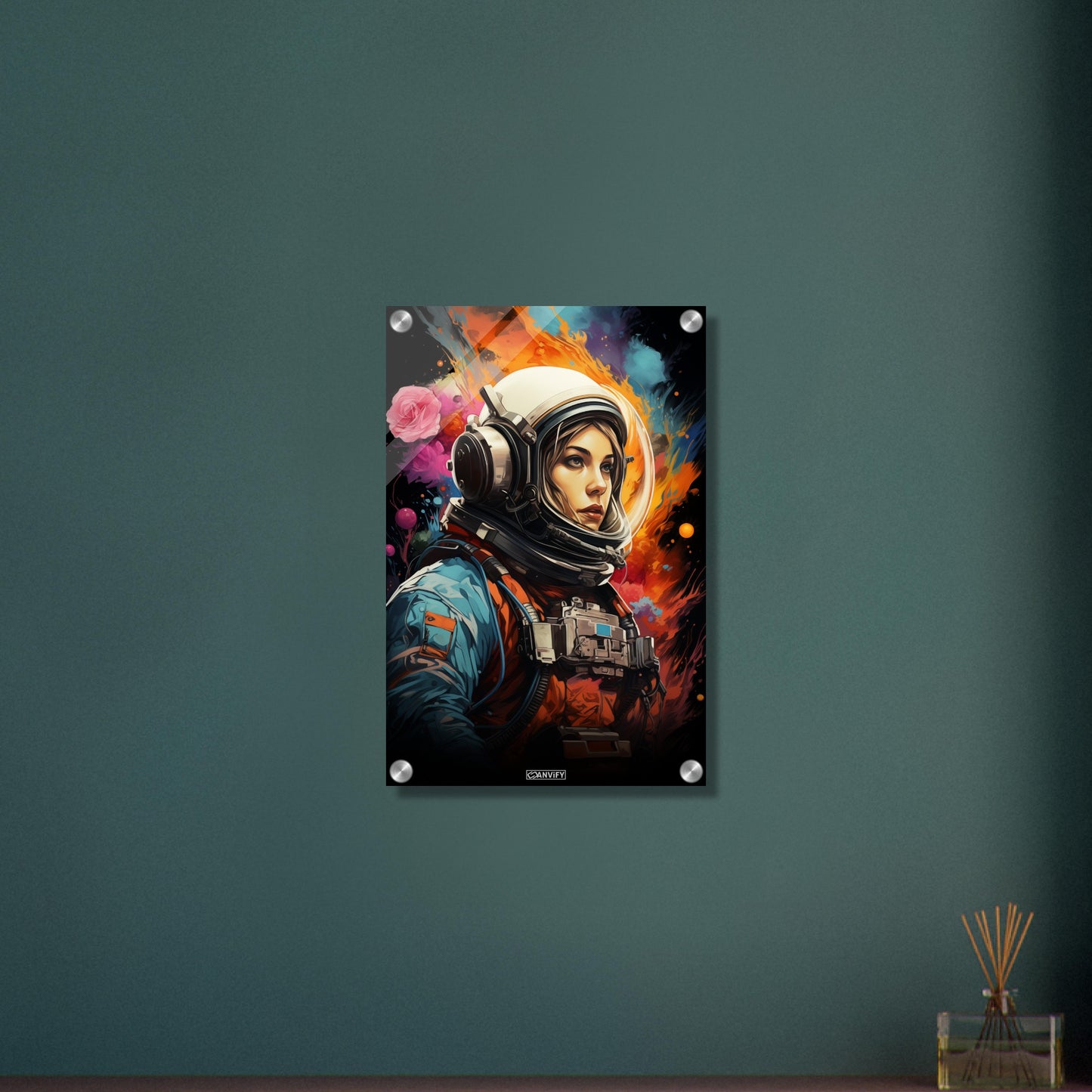 Sandra Bullock aus dem Film Gravity im Raumanzug schwebend im Weltall malerisch dargestellt auf einem Acrylbild