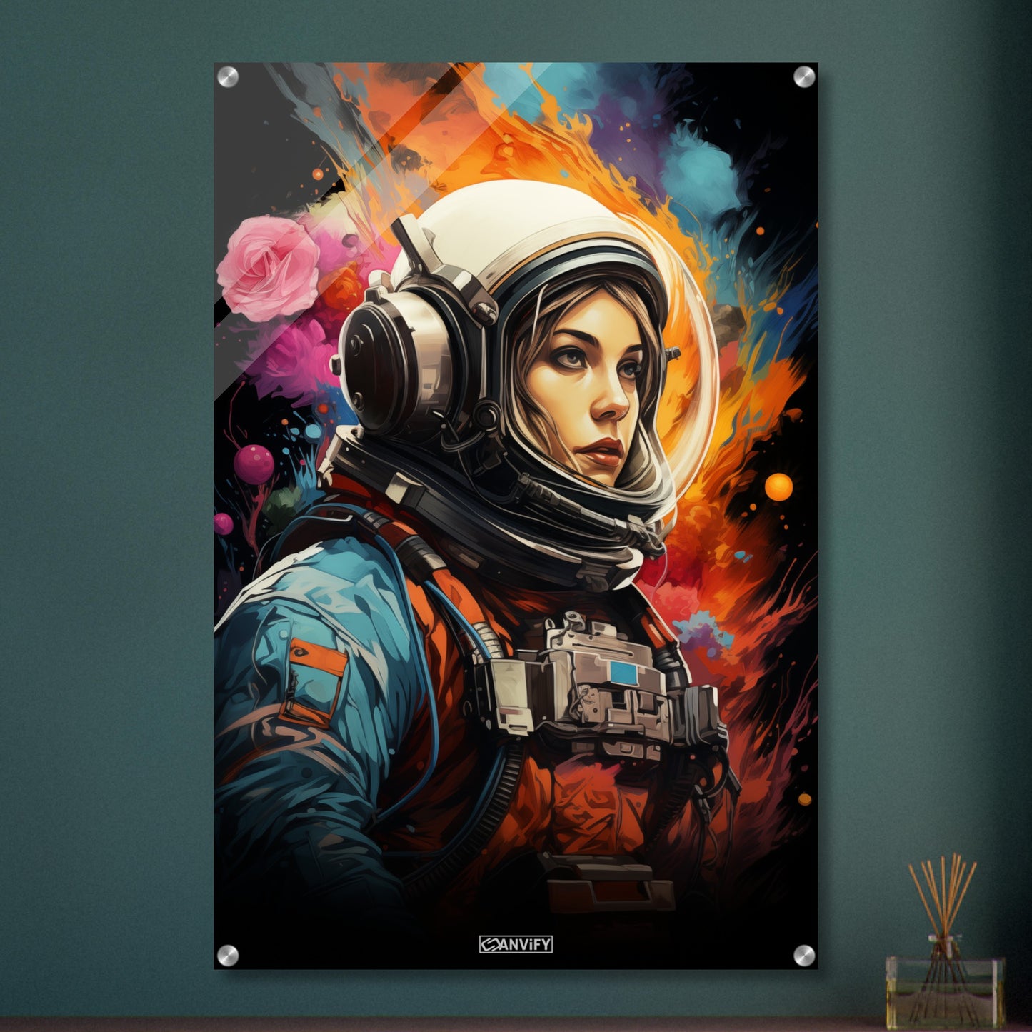 Sandra Bullock aus dem Film Gravity im Raumanzug schwebend im Weltall malerisch dargestellt auf einem Acrylbild