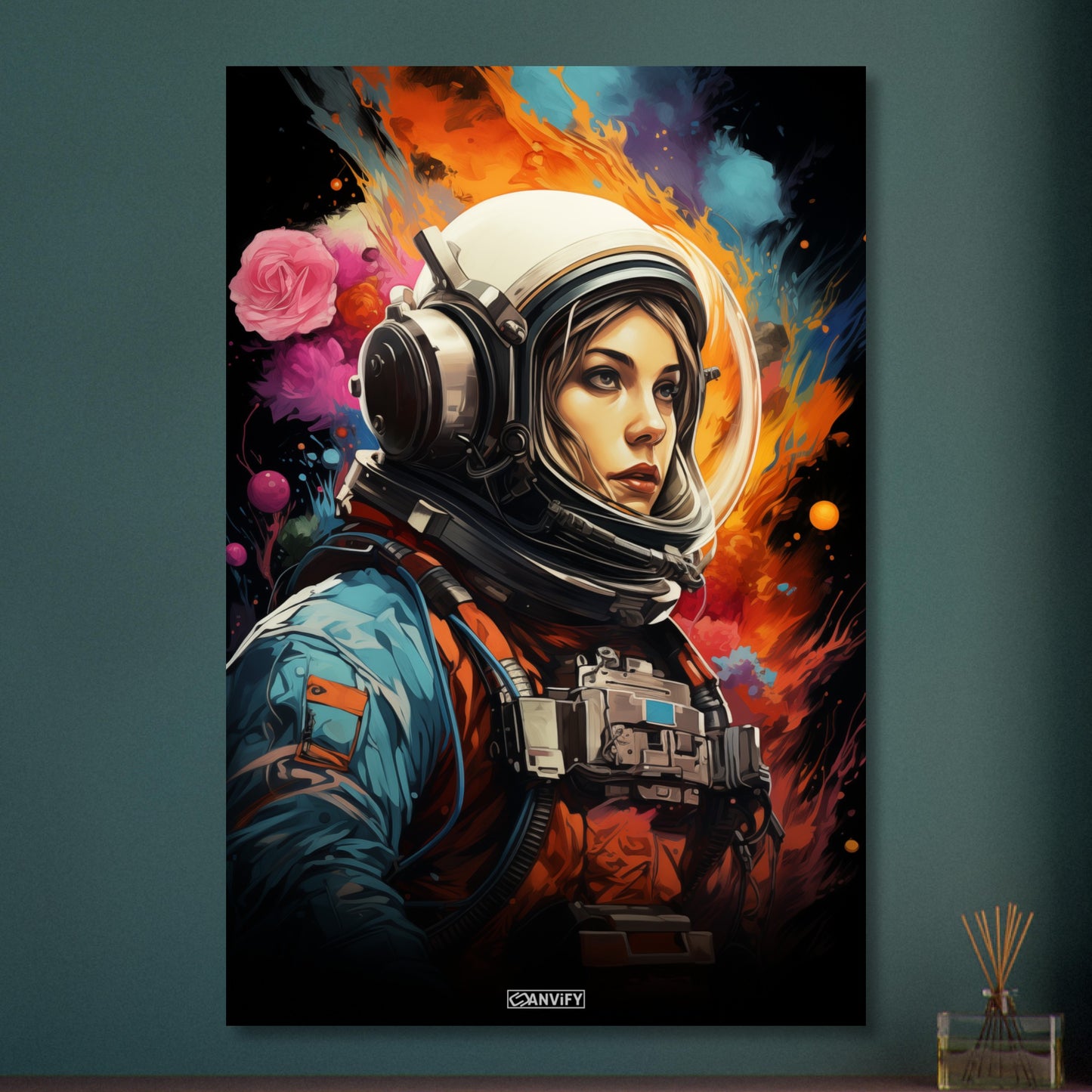 Sandra Bullock aus dem Film Gravity im Raumanzug schwebend im Weltall malerisch dargestellt auf Aluminium