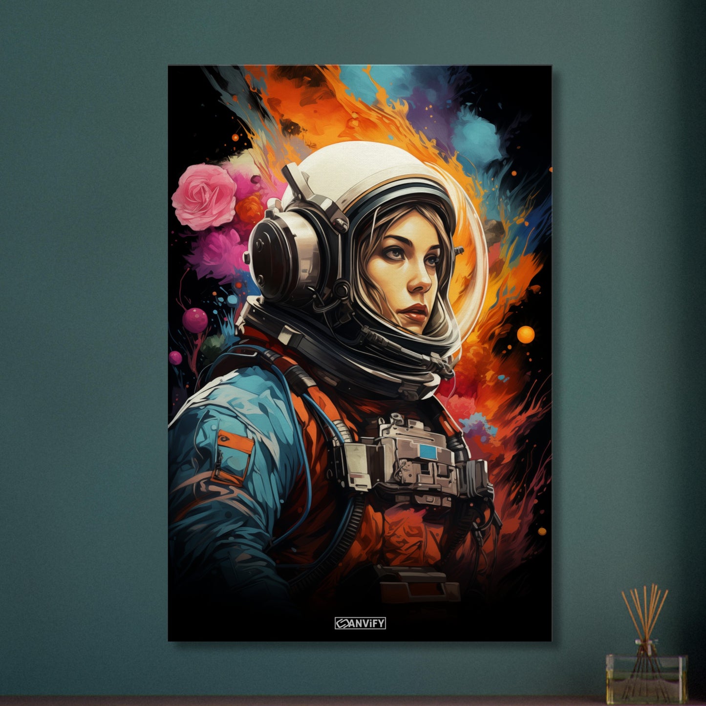 Sandra Bullock aus dem Film Gravity im Raumanzug schwebend im Weltall malerisch dargestellt auf einer Leinwand