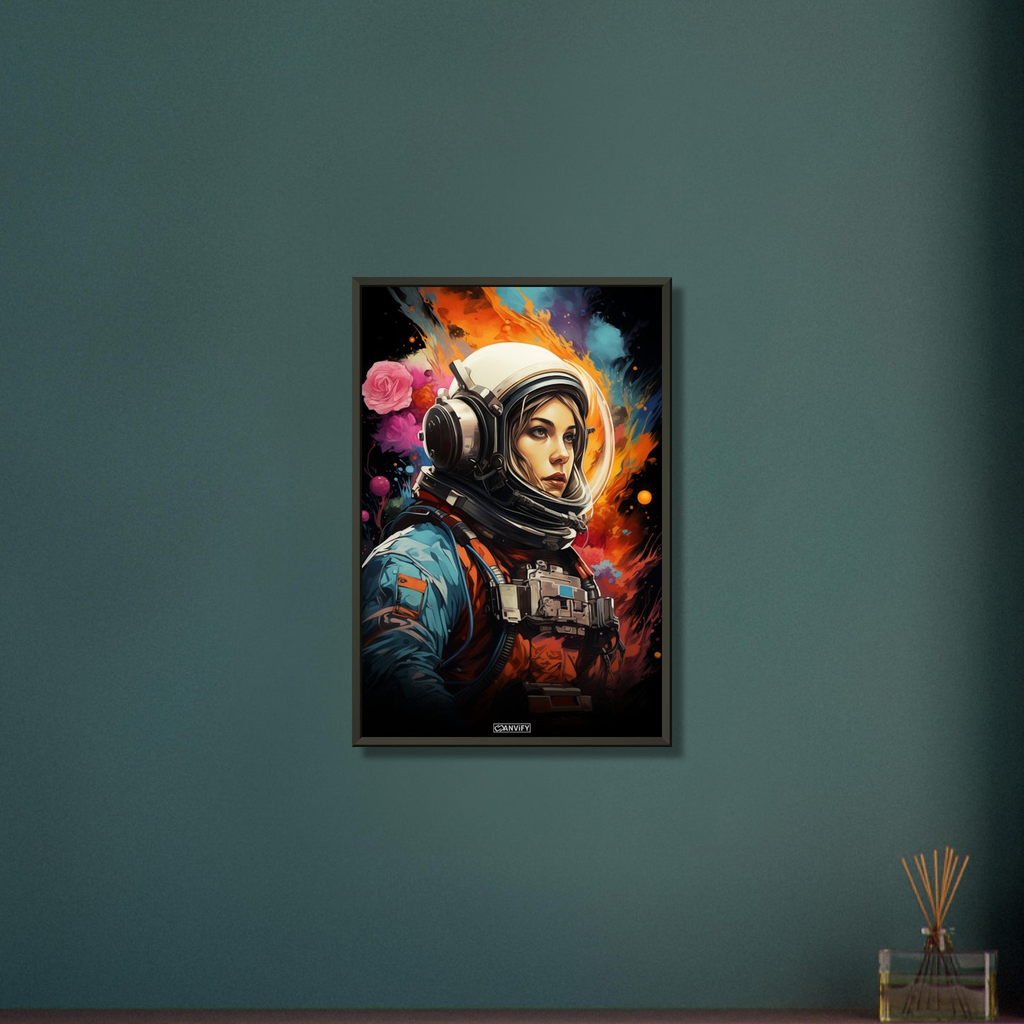 Sandra Bullock aus dem Film Gravity im Raumanzug schwebend im Weltall malerisch dargestellt auf einem Poster im Metallrahmen
