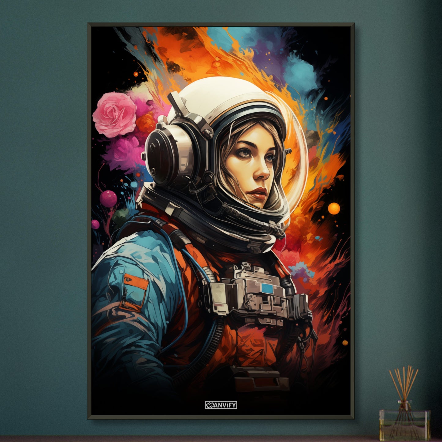 Sandra Bullock aus dem Film Gravity im Raumanzug schwebend im Weltall malerisch dargestellt auf einem Poster im Metallrahmen