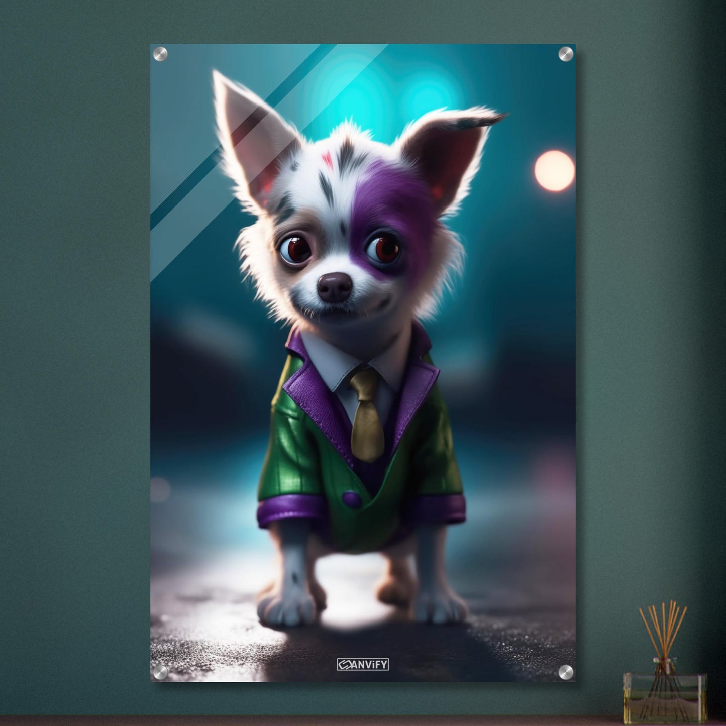 Chihuahua im Superhelden Kostüm von Joker auf einem Acrylbild