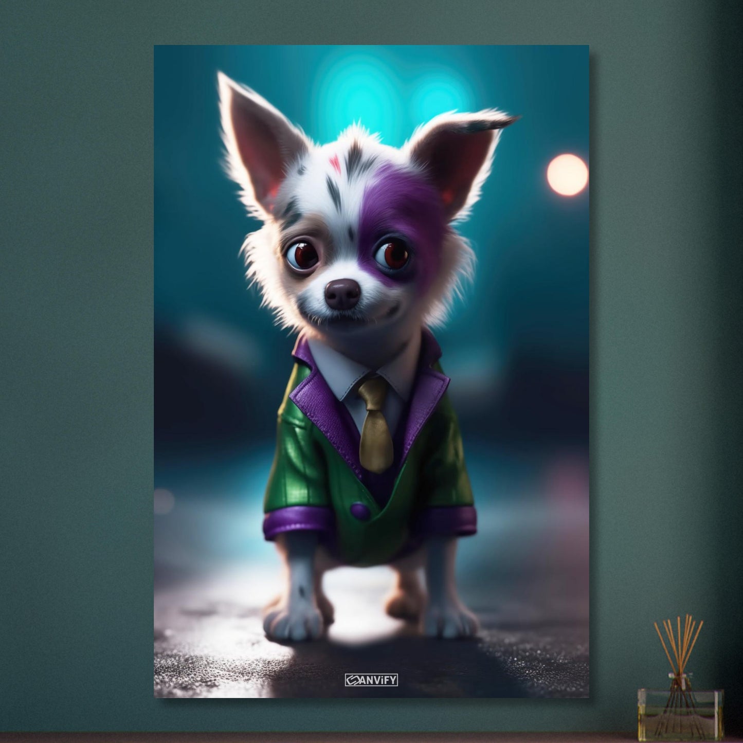 Chihuahua im Superhelden Kostüm von Joker auf Aluminium