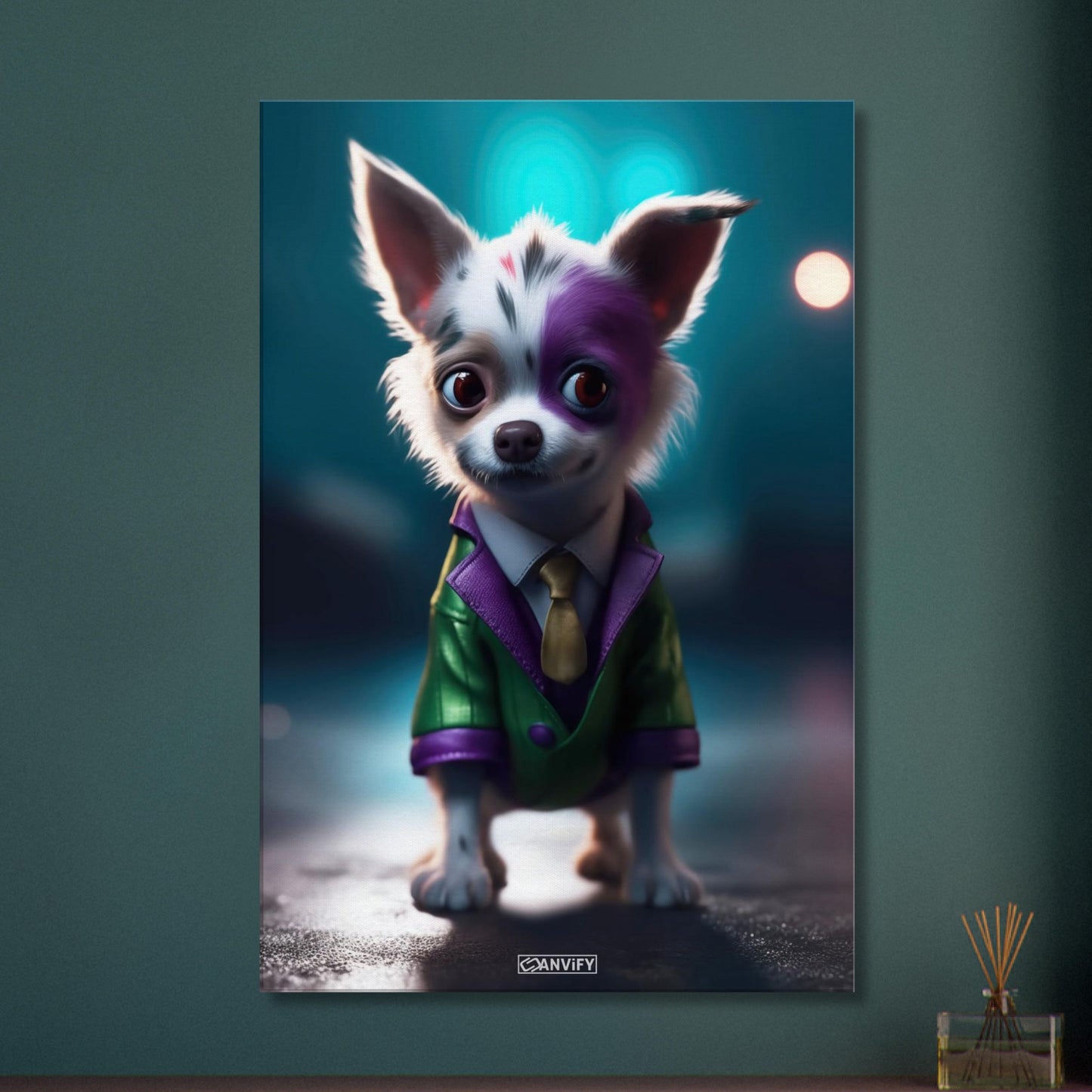 Chihuahua im Superhelden Kostüm von Joker auf einer Leinwand