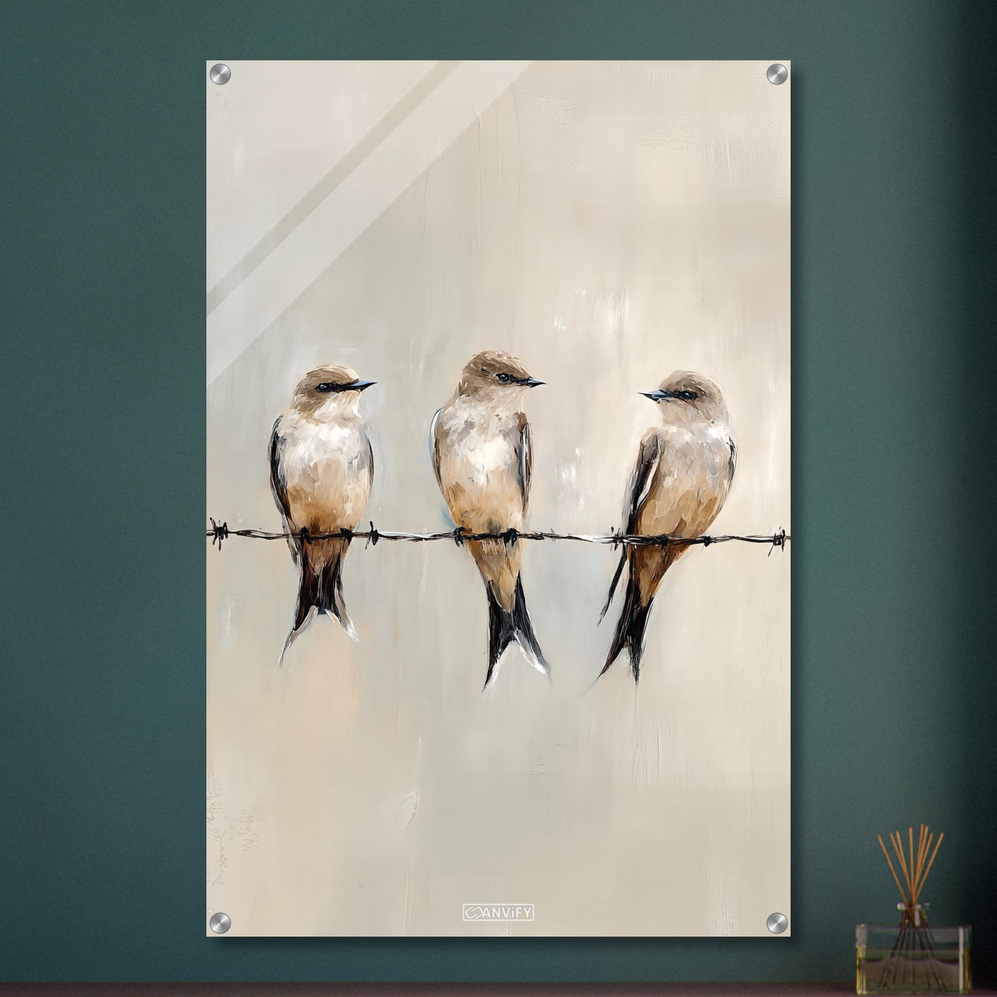 Sitzende Vögel auf dem Draht in Acrylfarben auf einem Acrylbild