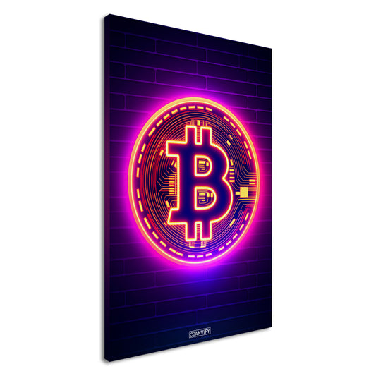 Leuchtender Bitcoin im einfachen Retrodesign auf einer Leinwand