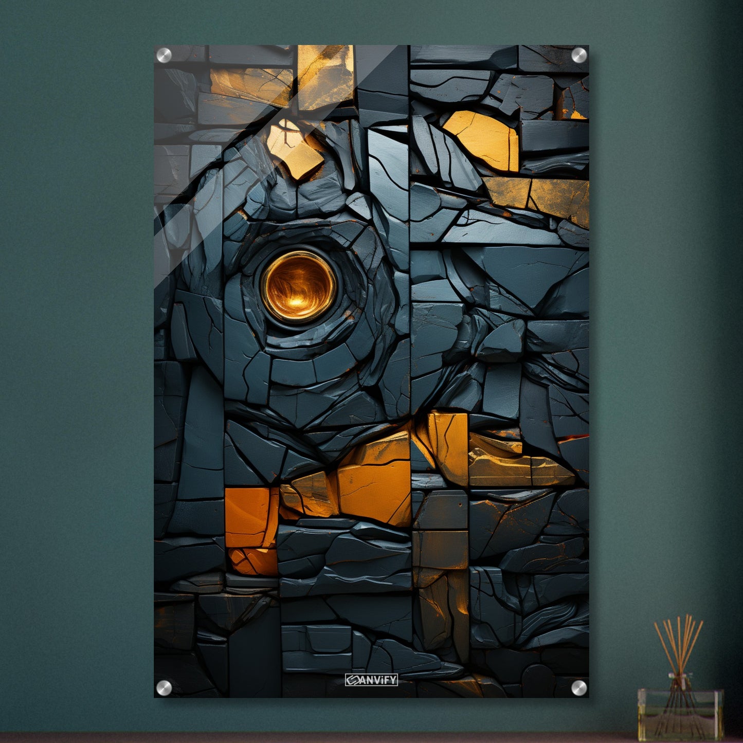 Abstrakte Lavasteine mit Gold auf einem Acrylbild