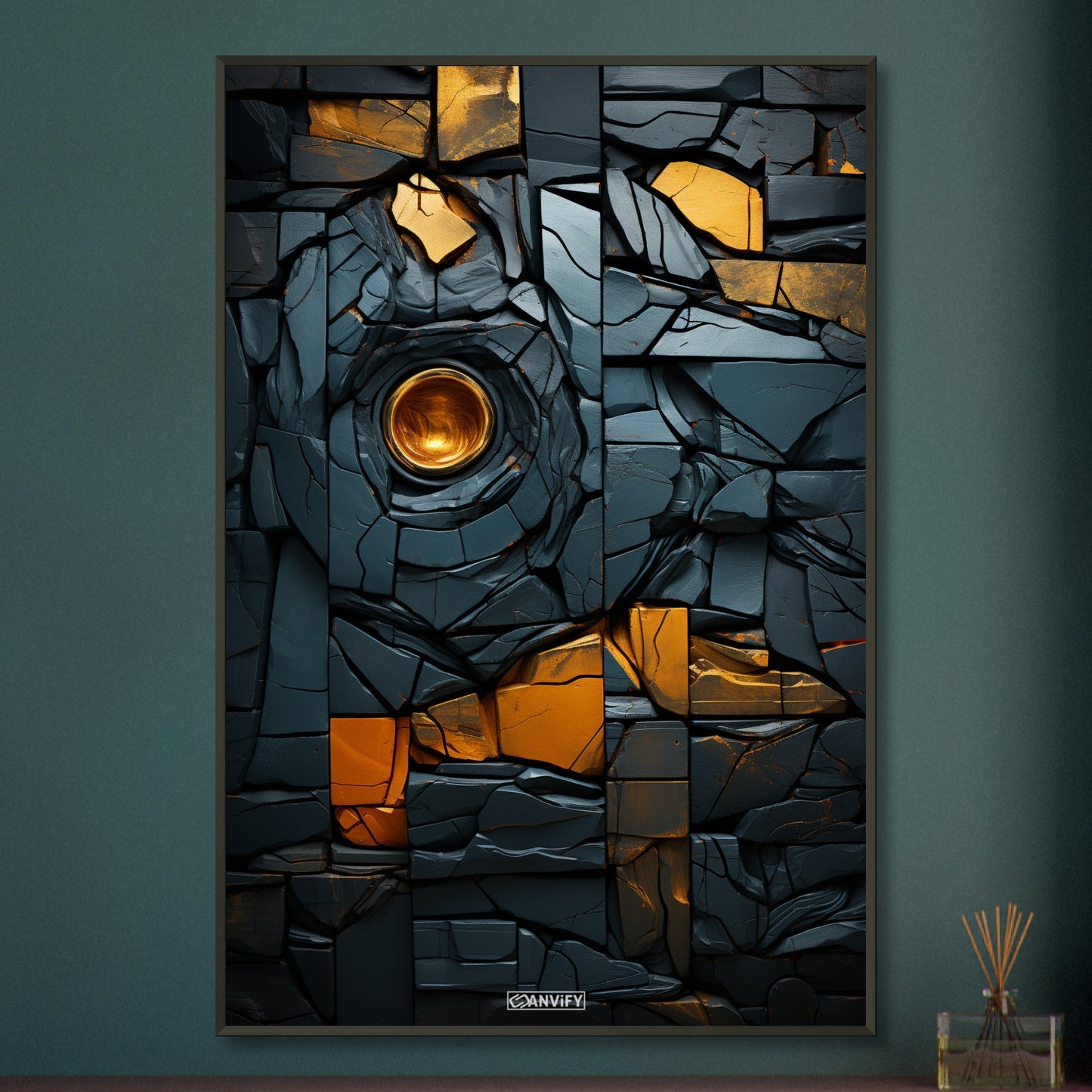 Abstrakte Lavasteine mit Gold auf einem Poster im Metallrahmen