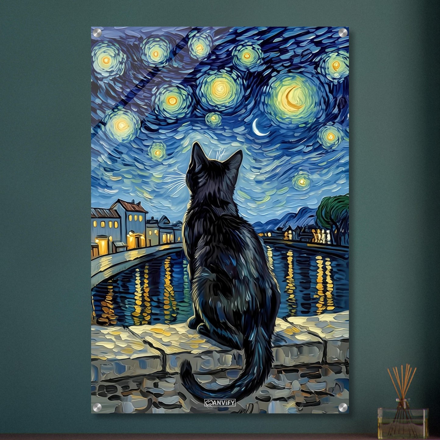 Schwarze Katze bei hellem Sternenhimmel im Stil von Vincent van Gogh auf einem Acrylbild