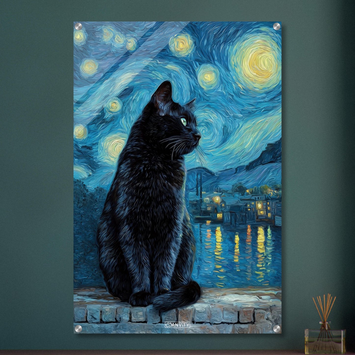 Schwarze Katze unter hellem Sternenhimmel im Stil von Vincent van Gogh auf einem Acrylbild
