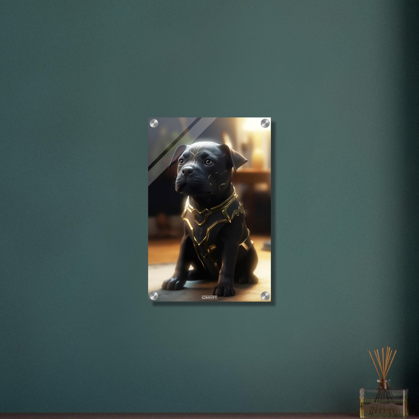 Schwarzer Labrador im Superhelden Kostüm von Black Adam auf einem Acrylbild