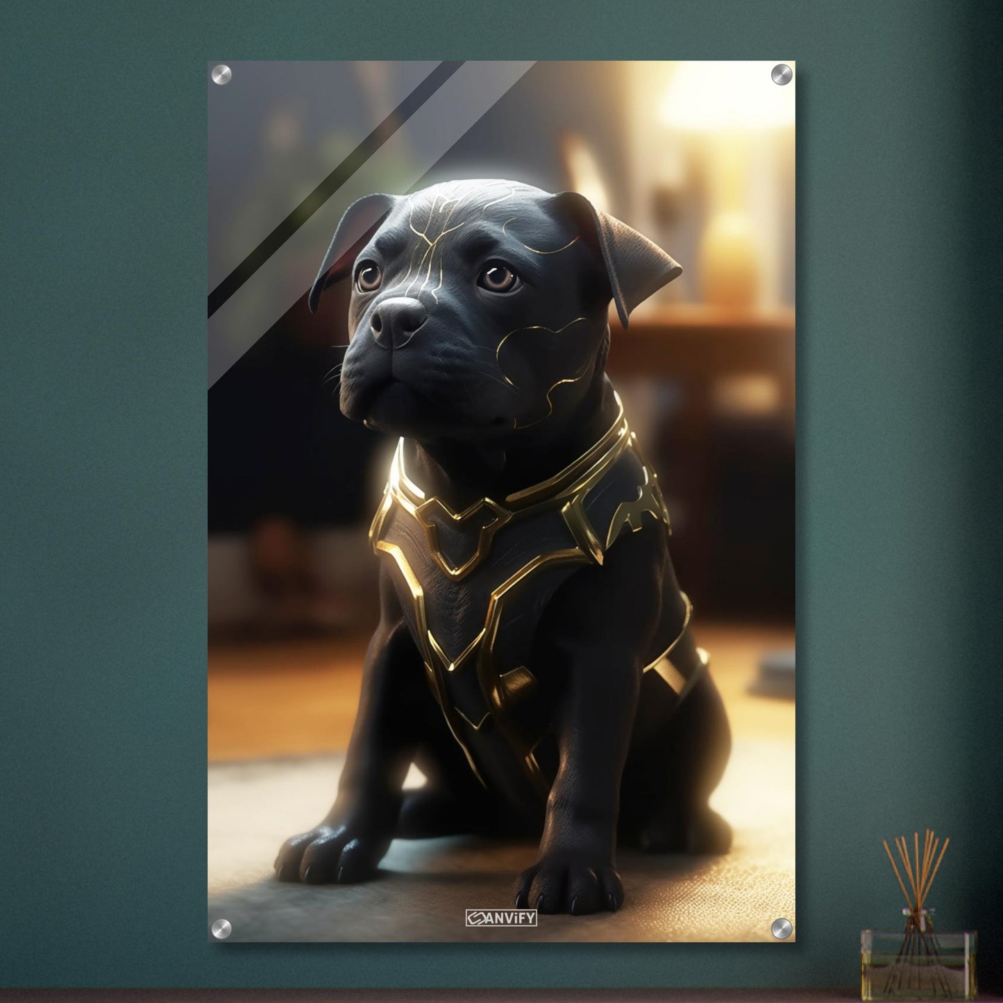 Schwarzer Labrador im Superhelden Kostüm von Black Adam auf einem Acrylbild