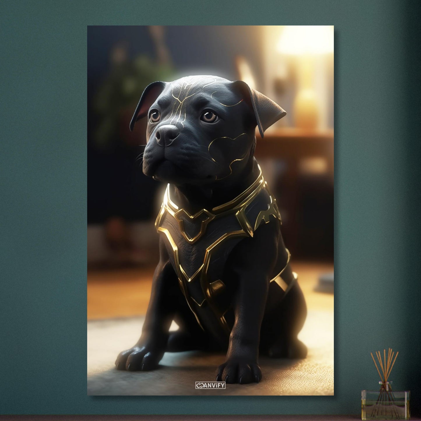 Schwarzer Labrador im Superhelden Kostüm von Black Adam auf Aluminium