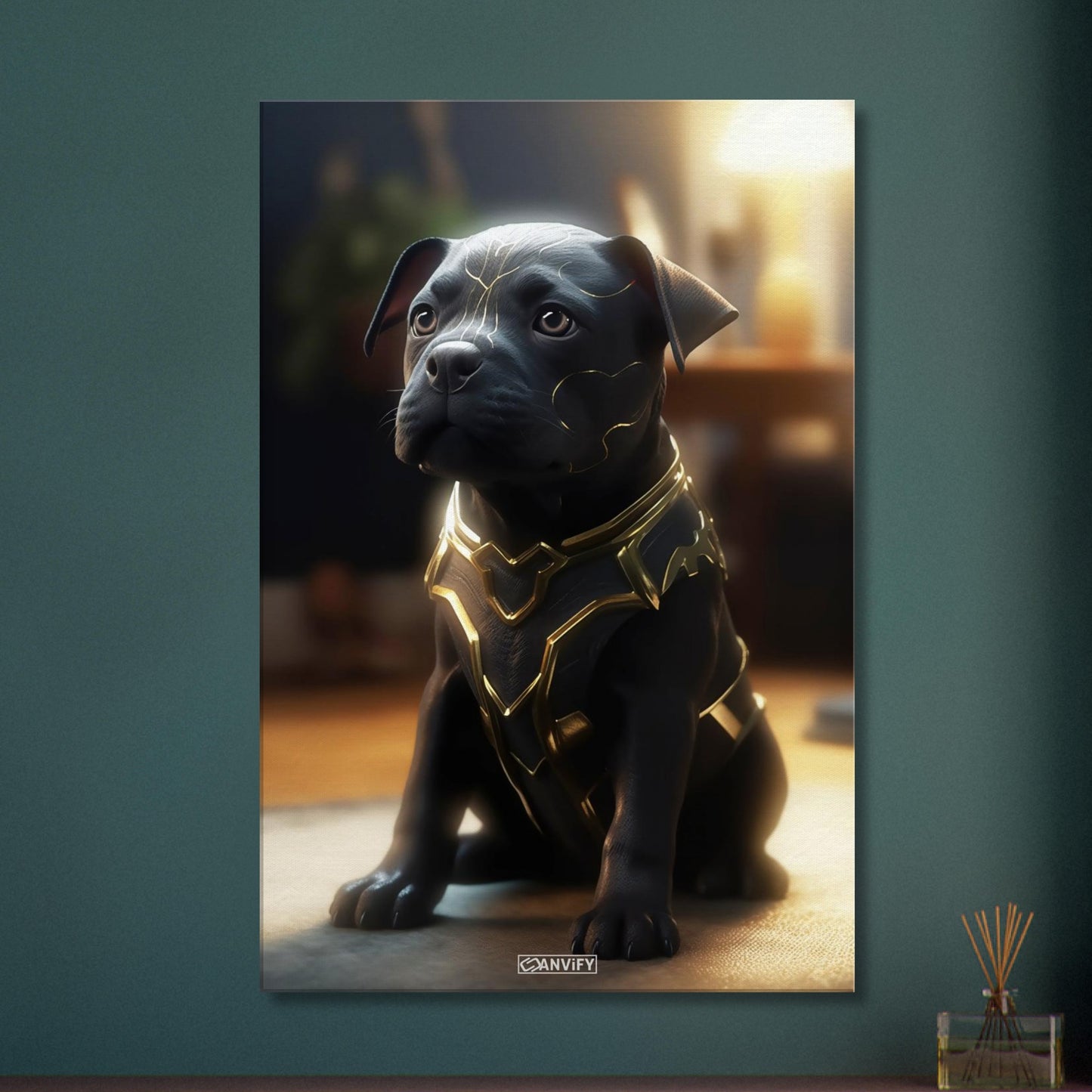 Schwarzer Labrador im Superhelden Kostüm von Black Adam auf einer Leinwand