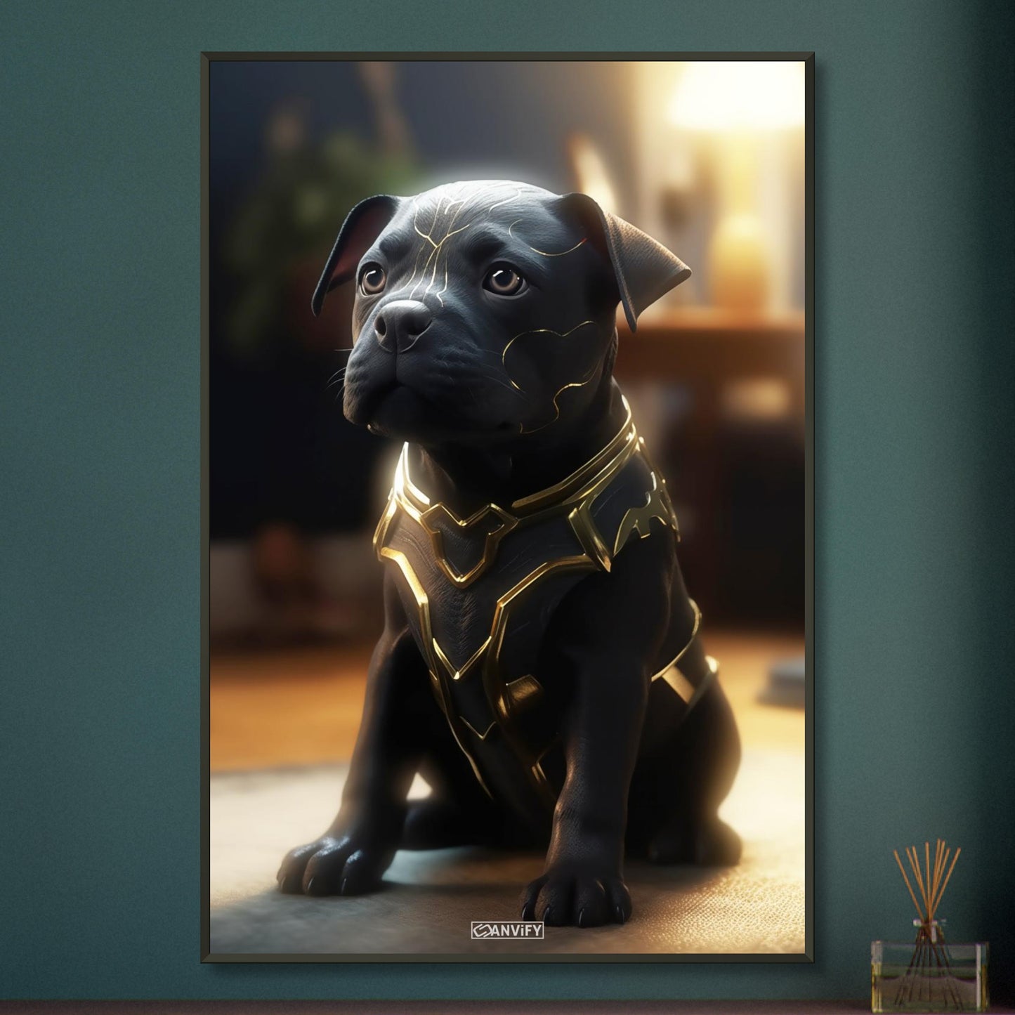 Schwarzer Labrador im Superhelden Kostüm von Black Adam auf einem Poster im Metallrahmen