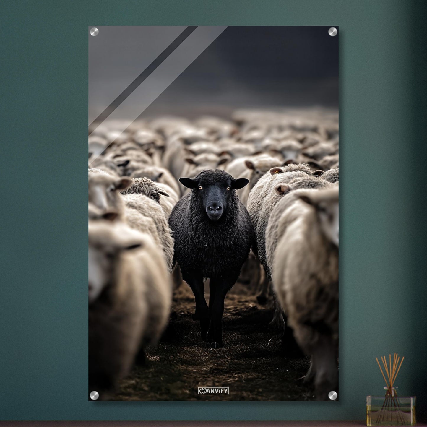 Schwarzes Schaf unter den weißen Schafen auf einem Acrylbild