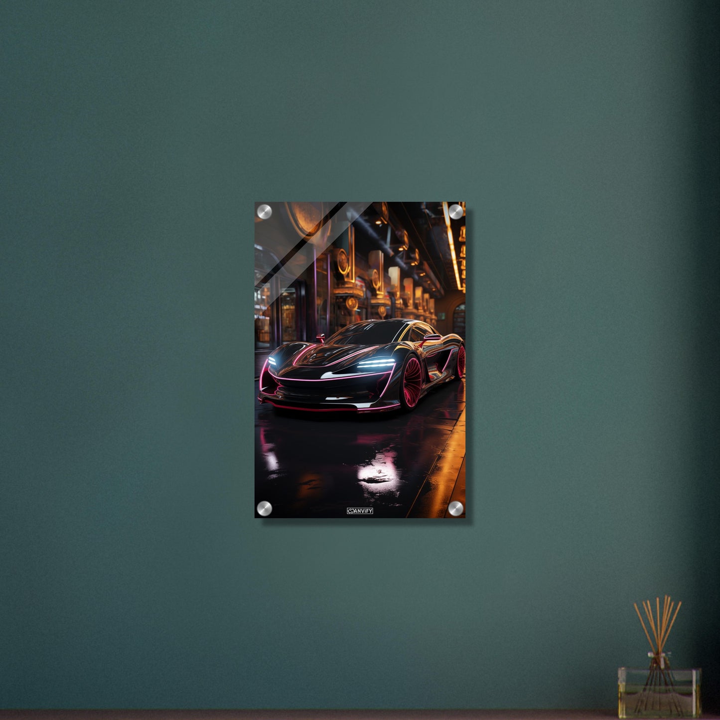 McLaren Senna in schwarzer Farbe mit pinken Akzenten auf einem Acrylbild