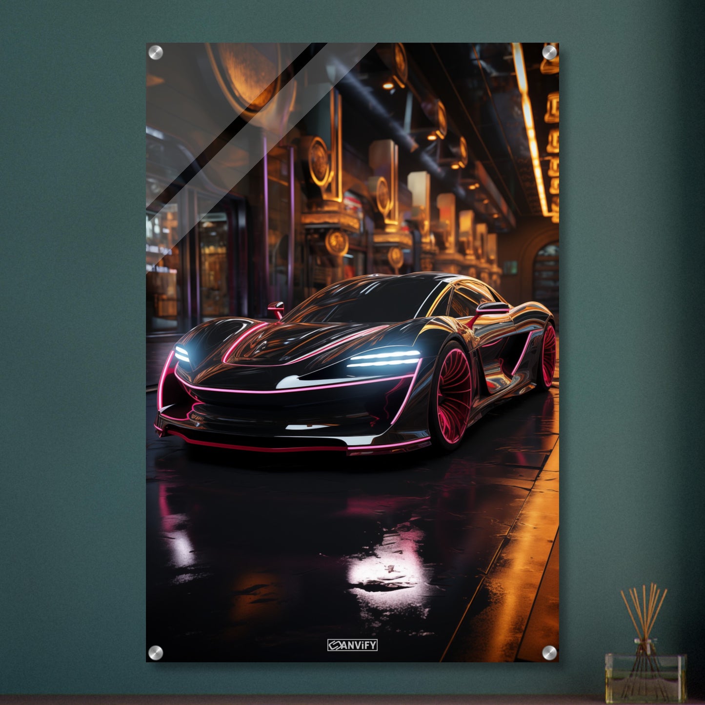 McLaren Senna in schwarzer Farbe mit pinken Akzenten auf einem Acrylbild
