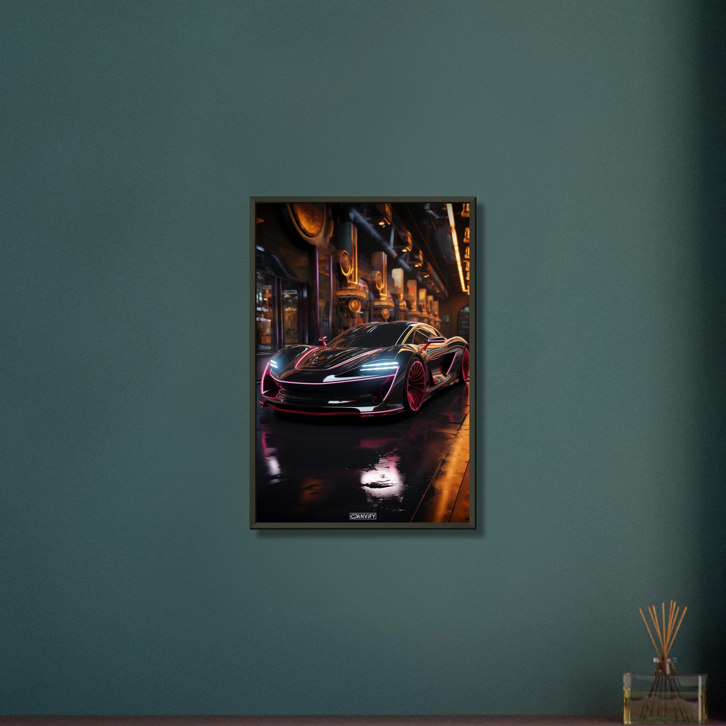 McLaren Senna in schwarzer Farbe mit pinken Akzenten auf einem Poster im Metallrahmen