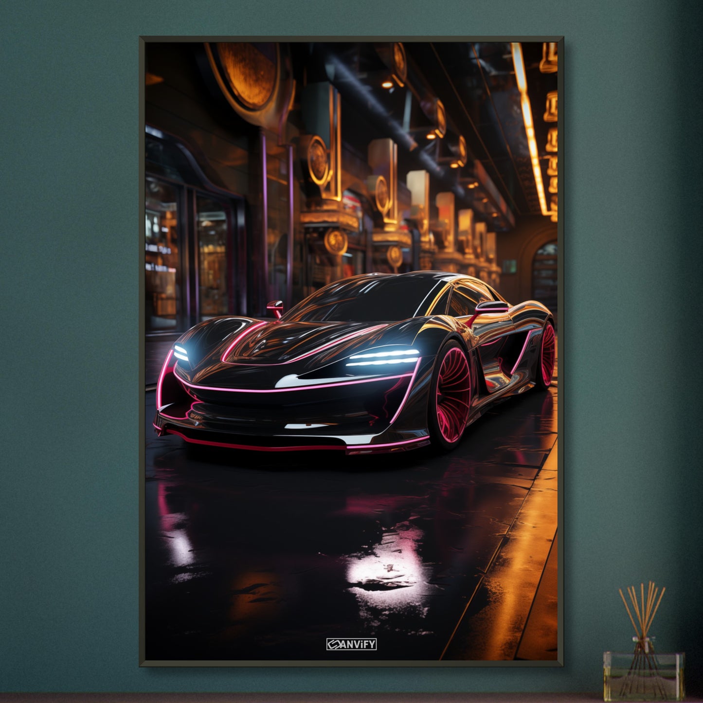 McLaren Senna in schwarzer Farbe mit pinken Akzenten auf einem Poster im Metallrahmen