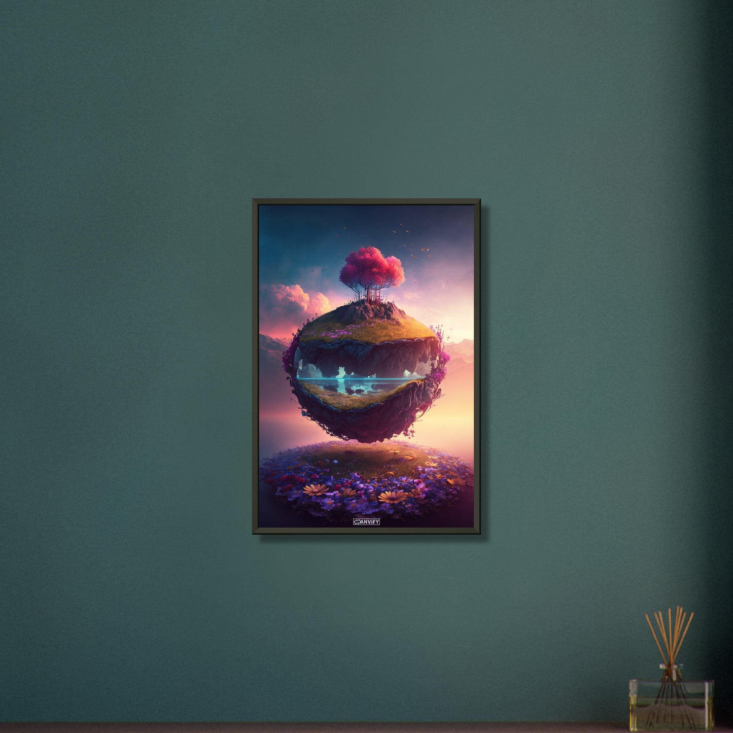 Kirschblütenbaum im Sonnenuntergang schwebend über einer Blumenwiese auf einem Poster im Metallrahmen