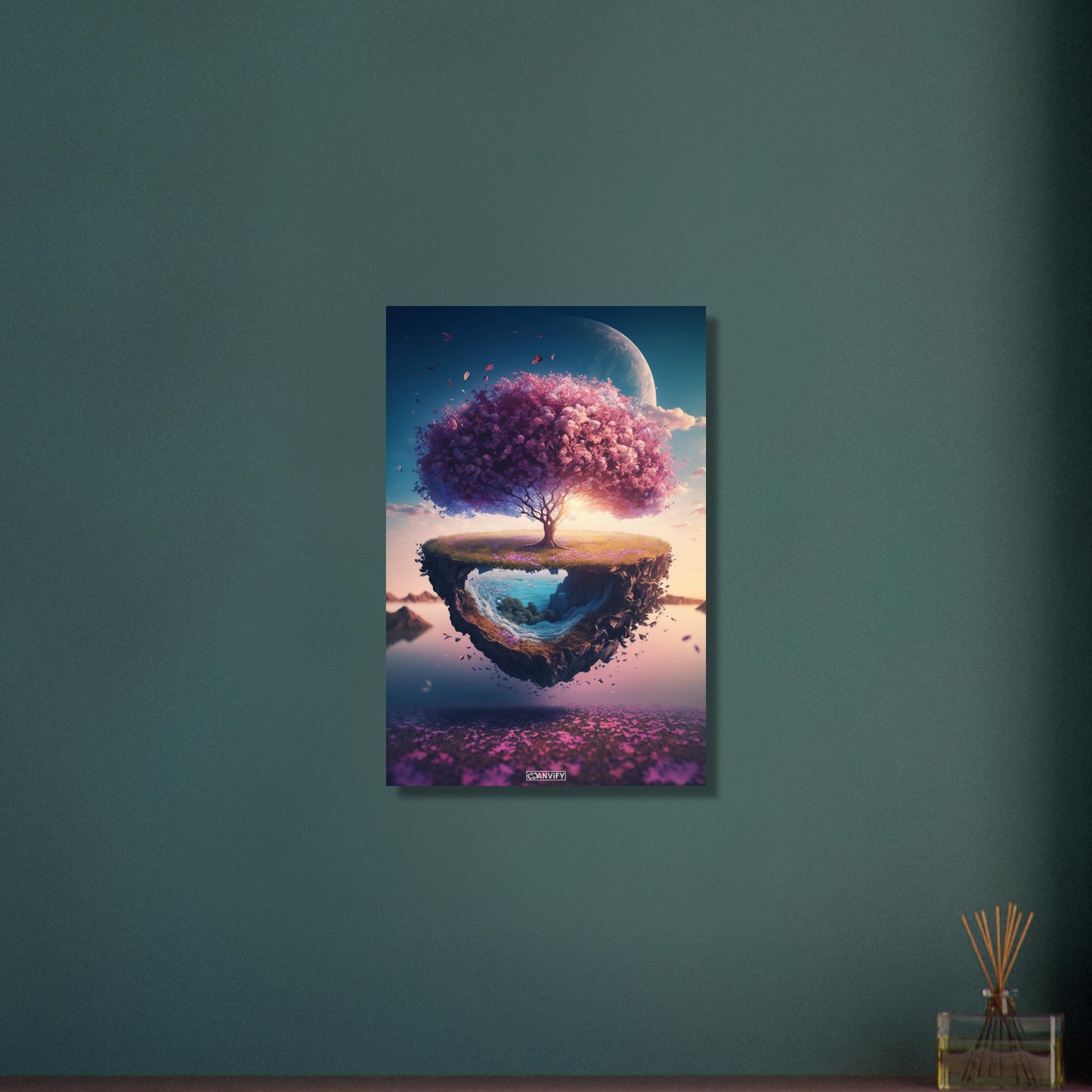 Kirschblütenbaum mit einem Mond schwebend über einer Blumenwiese auf Aluminium