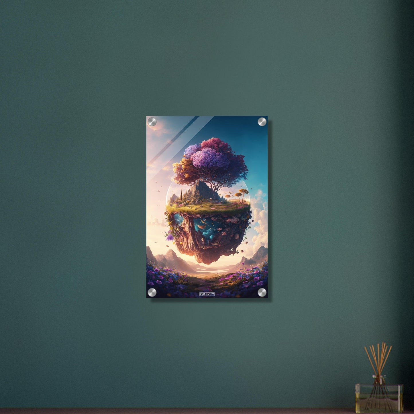Bunter Kirschblütenbaum schwebend über einer Blumenwiese und mit einem Mond im Hintergrund auf einem Acrylbild