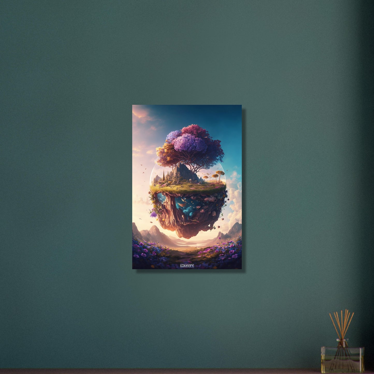 Bunter Kirschblütenbaum schwebend über einer Blumenwiese und mit einem Mond im Hintergrund auf Aluminium