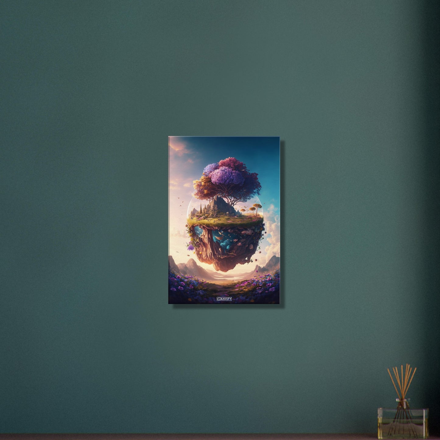 Bunter Kirschblütenbaum schwebend über einer Blumenwiese und mit einem Mond im Hintergrund auf einer Leinwand