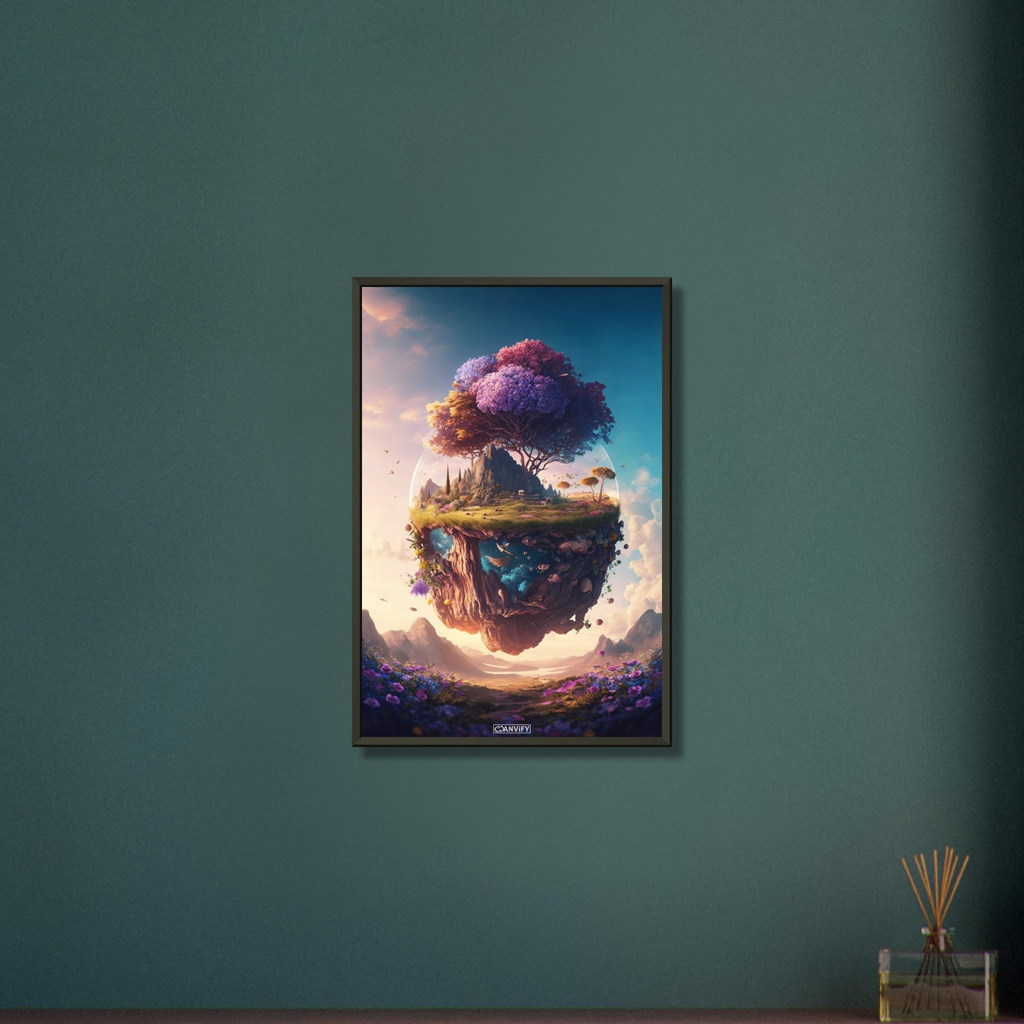Bunter Kirschblütenbaum schwebend über einer Blumenwiese und mit einem Mond im Hintergrund auf einem Poster im Metallrahmen
