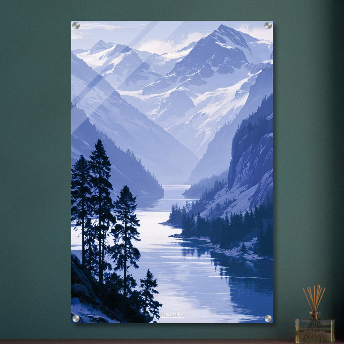 Landschaft mit blauem Berg und blauem Bergsee und Schnee als Ölgemälde auf einem Acrylbild