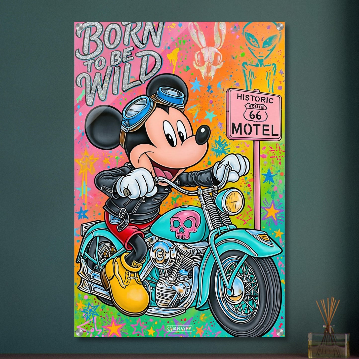 Steamboat Willie alias Micky Maus im Rocker Outfit auf einer Chopper und einem Route 66 Schild im Pop Art Stil auf einem Acrylbild