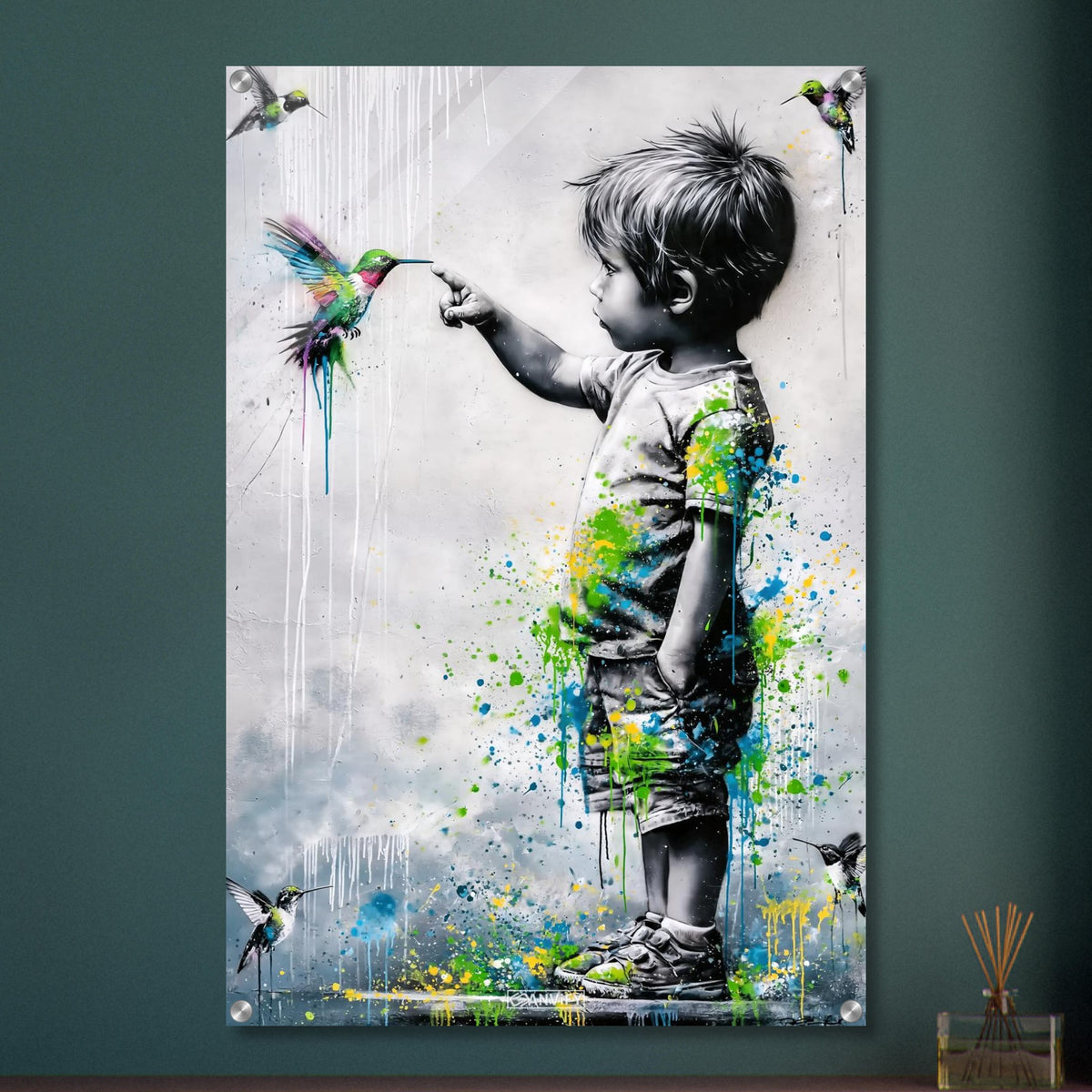 Junge im Banksy Stil berührt einen Kolibri auf einem Acrylbild