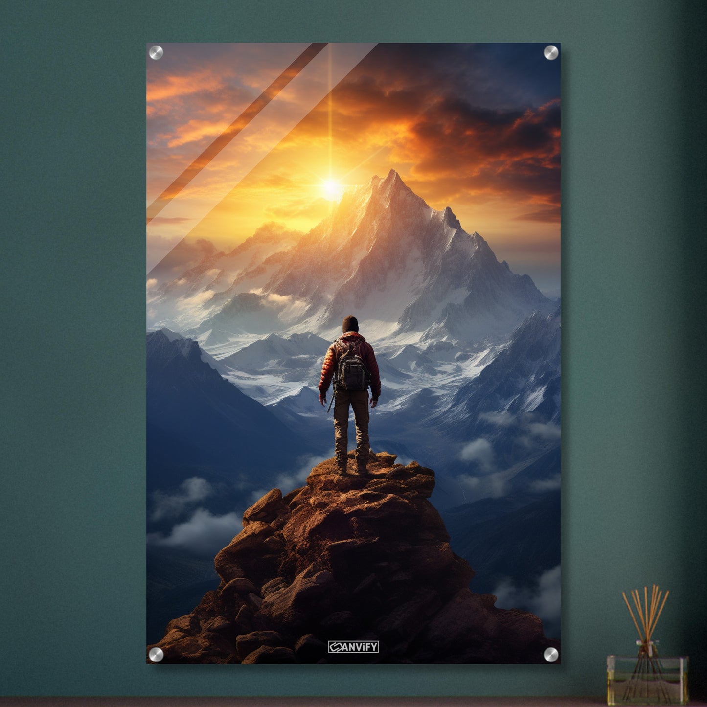 Reinhold Messner auf dem Gipfel vom Himalaya malerisch dargestellt auf einem Acrylbild