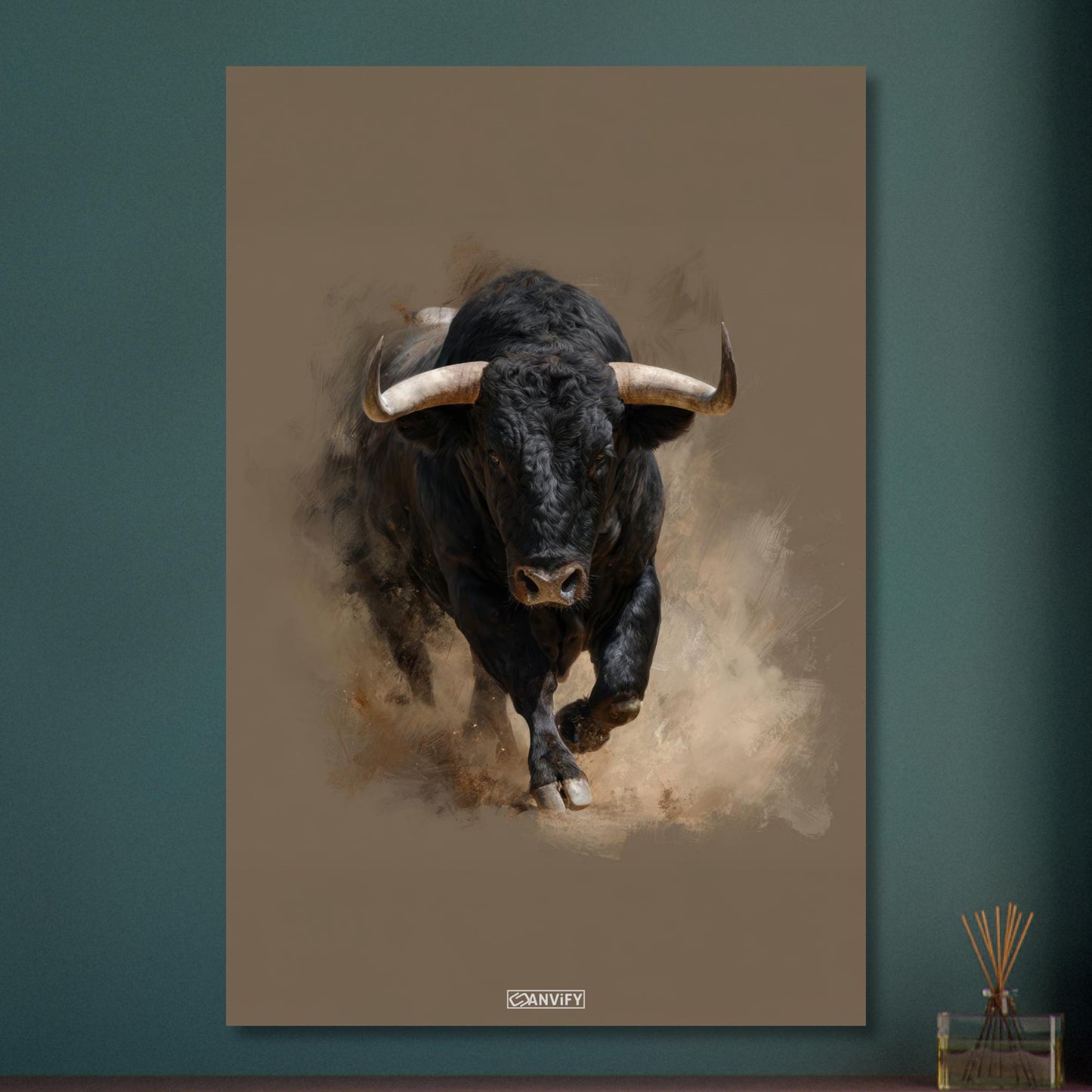 Schwarzer Stier mit Acrylfarben gemalt auf Aluminium