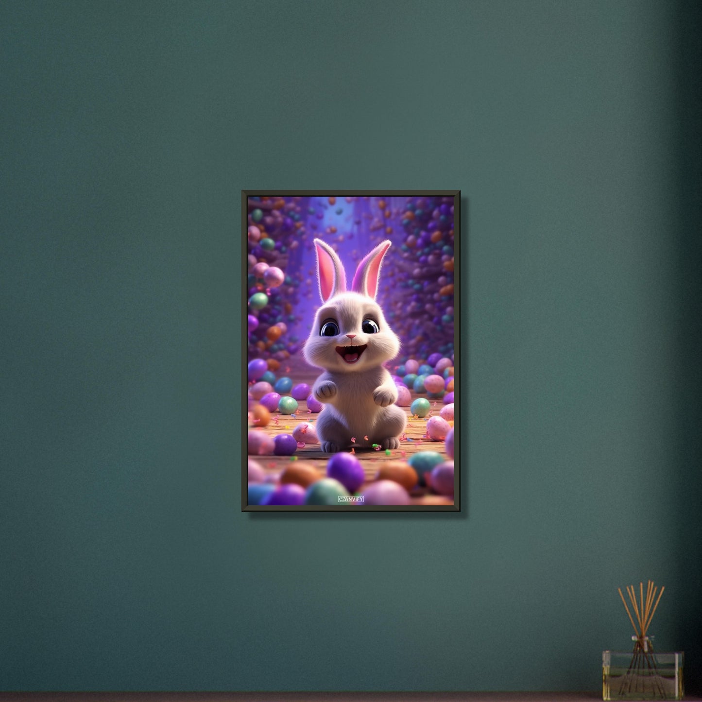 Weibliches Kaninchen mit bunten Eiern malerisch dargestellt auf einem Poster im Metallrahmen