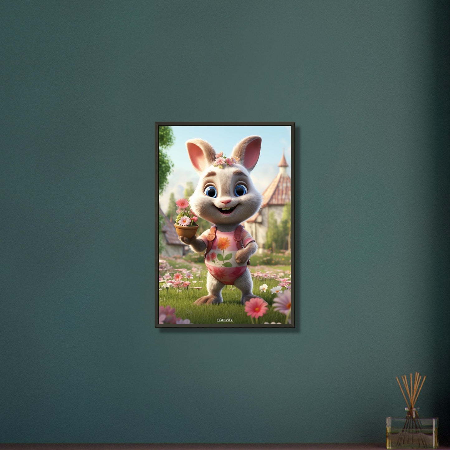 Weibliches Kaninchen mit Blumen malerisch dargestellt auf einem Poster im Metallrahmen