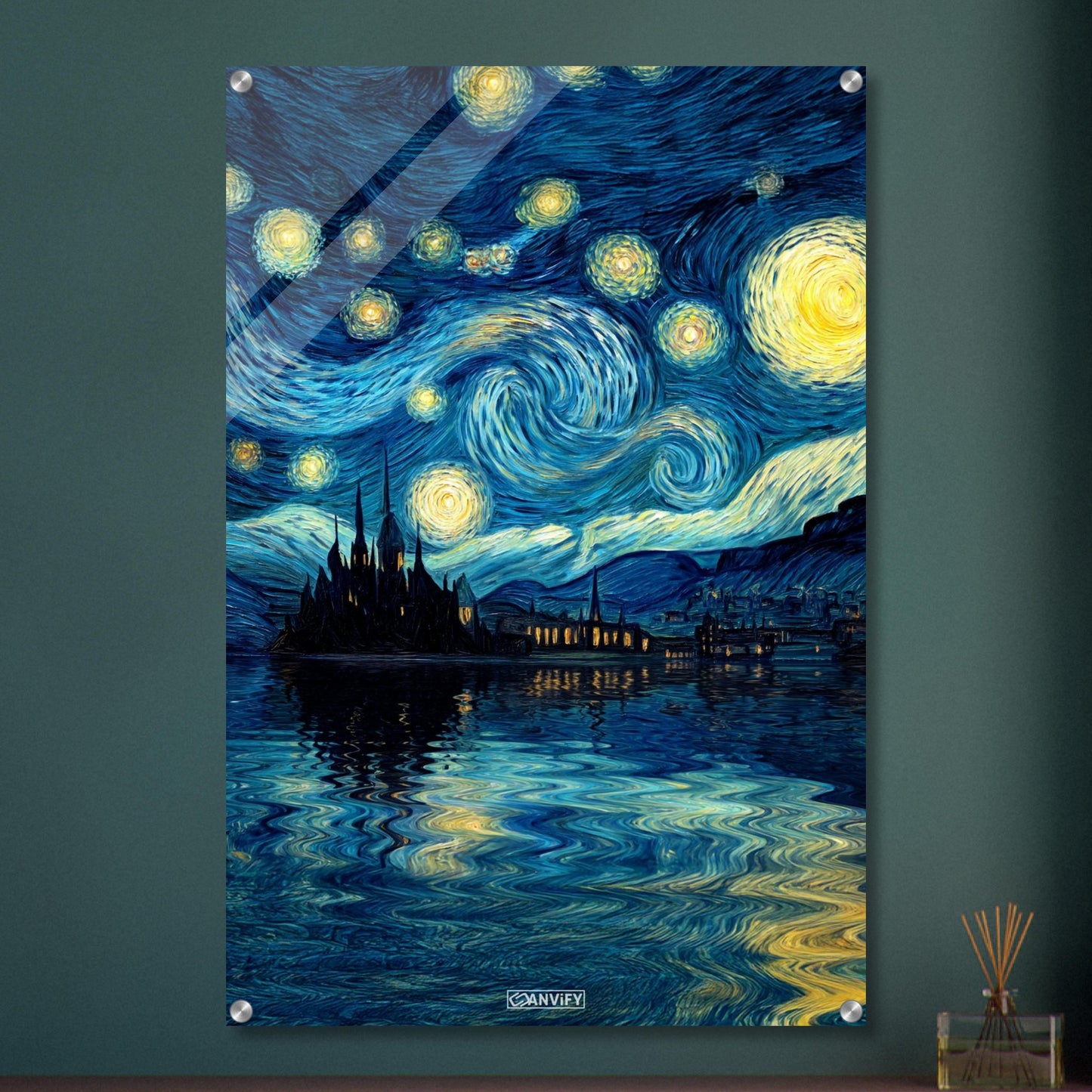Gemälde von einem Schloss und Sternenhimmel im Stil von Vincent van Gogh auf einem Acrylbild