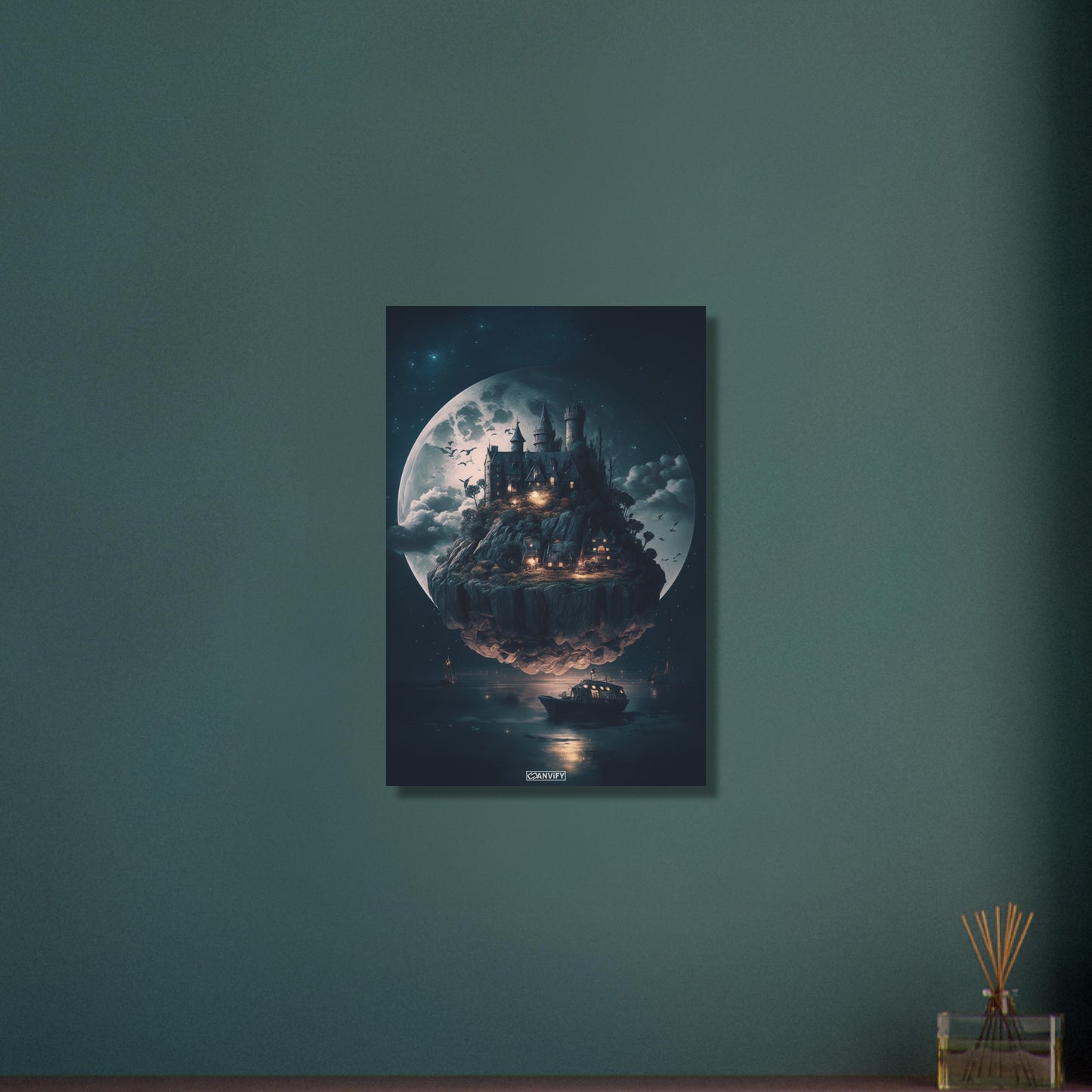 Vollmond mit magischem Schloss im Stil von Hogwarts auf Aluminium