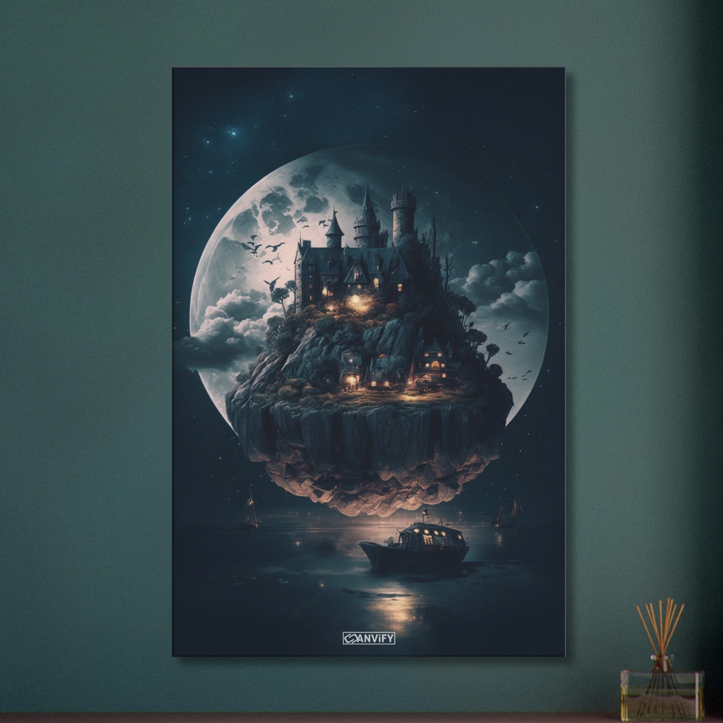Vollmond mit magischem Schloss im Stil von Hogwarts auf einer Leinwand